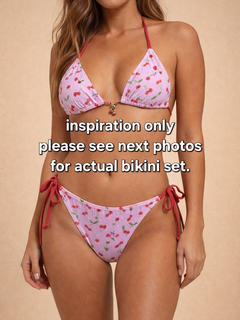 NWOT Betsey Johnson Cherry Print String Bikini Set Lilac Pink Two Piece, Large